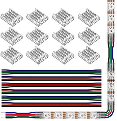 SEZO LED Streifen Verbinder Kit LED Eckverbinder 12PCS SMD 4PIN 10mm Transparenter Ungeverdrahteter Lückenloser Lötfreier Board to Wire Connectors + 6PCS 15cm langer 22AWG Verlängerungsdraht
