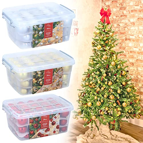 URBNLIVING 70 Pcs Red Silver Gold Christmas Xmas Tree Plastic Metallic Baubles Ball Hanging String Decorations Ornaments Storage Box (Silver)