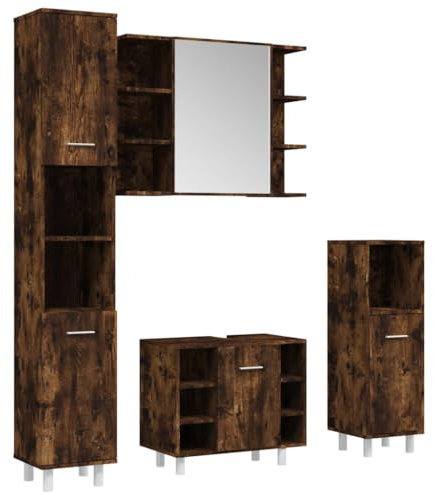 vidaXL Badmöbel Set 4 TLG., Badezimmer Möbel mit viel Stauraum, Badschränke mit Spiegel, Badspiegel Waschbeckenschrank Standschränke, Räuchereiche Holzwerkstoff