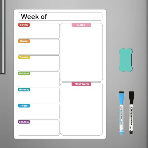 4 THOUGHT Magnetic Whiteboard Fridge Calednar, A3 Weekly Planner White Board 30x42 cm Dry Erase Calendar for Meal Menu, Shopping List, Reminder with 2 Markers 1 Eraser
