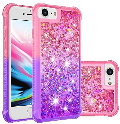 QIWEIQING Glitter Case Compatible for iPhone 7 Phone Case TPU Shockproof Protective Cover for iPhone 8, Cover Glitter Liquid Case for iPhone 6/7 / 8 / SE 2020 / SE 2022.Pink Purple YBJ