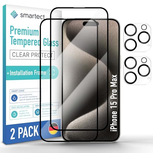 smartect Glass Screen Protector [2 + 2 Pieces, Full Screen] for iPhone 15 Pro Max, Display + Camera, incl. Installation Frame, HD Protective Film Anti Scratch, Bubble Free, 9H Hardness