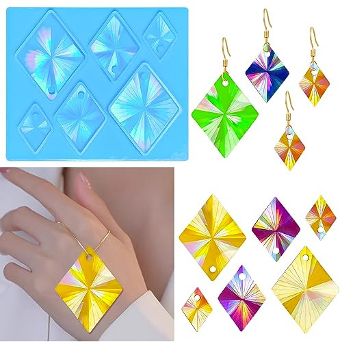Souarts Resin Silikonform Epoxidharz Formen Silikon Holografisch Effekt, DIY Gießform Harz Silikonformen Anhänger Charms für Ohringe Kette Schmuck Selber Machen(Blau Rhombus)