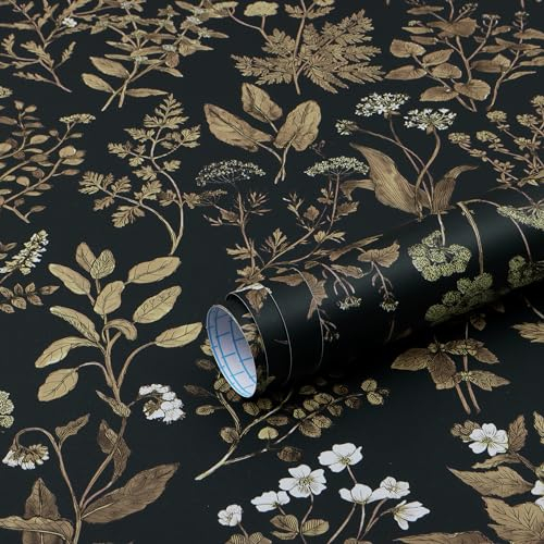 Fiula Fleurs Feuillages Papier Peint 44cmx15m Papier Autocollant pour Meuble Papier Peint Fleur Noir Doré Papier Peint Fleur Papier Adhésif Décoratif Meuble Vintage Imperméable Chambre à Coucher