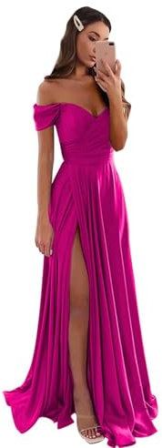 GODCUN Vestidos de dama de honor con hombros descubiertos para boda, vestidos largos de satén fruncidos formales de fiesta de noche con abertura, Fucsia, 14