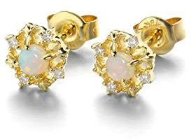 KnBoB Frauen Schmuck Ohrringe, 14 Karat (585) Gold Ohrringe, Stern Bunt Rund Opal mit Weiß Rund Zirkonia