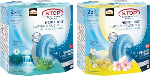 Pattex AERO 360° Grad Nachfüllpack für den AERO 360°, 2er-Set aus 2x450g Pattex Wildblumenwiese Luftentfeuchter-Tabs und 2x450g Frischer Wasserfall Nachfülltabs