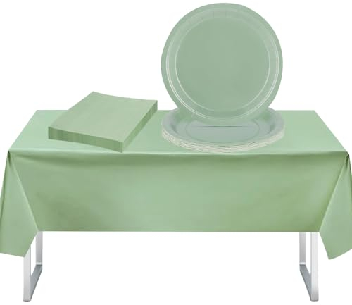 37Pcs Sage Green Party Tableware Set With Plastic Table Cloth, Paper Plates and Napkins for Supplies, Decorations, Picnic, Christmas, Adult Birthday