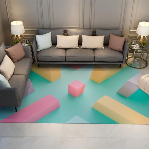 UERWOWELL Moderner Stil Blau Große Wohnzimmerteppiche Mehrfarbig Dreidimensionale Geometrie Weicher Teppich Macaron Farbe Bodenteppich für Kinderzimmer 180x340cm