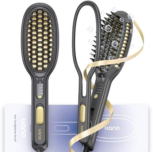 llano Glättbürste mit Haarhalter, Ionen Haarglätter Bürste, 30S Schneller Keramikerwärmung 140℃-230℃ 4 Temperatureinstellungen, Doppelspannung 110V-240V (Sparkle Gray)