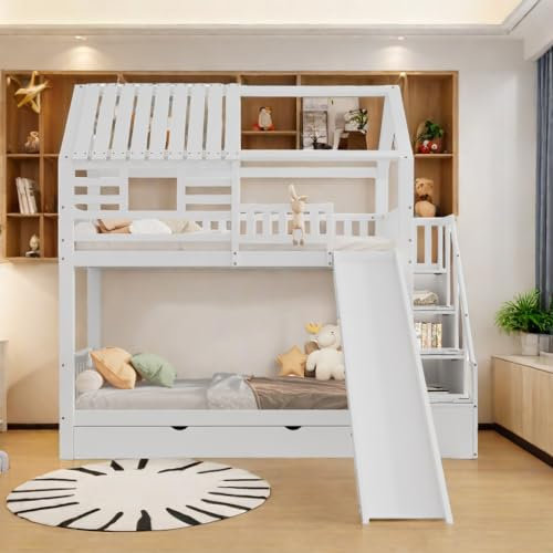 Lit Cabane Enfants 90x200, Lit Superposé Enfant avec Escalier et Toboggan, Espace de Rangement, Fenêtre et Toit, Barrière de Protection, Blanc
