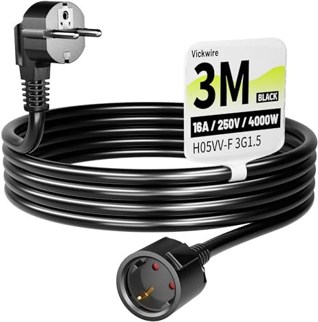 Vickwire Verlängerungskabel 3m Kabel Kabelverlängerungen mit Schutzkontakt Stecker Schuko Verlängerung 16A/250V, Schwarz, H05VV-F 3G1,5 mm²