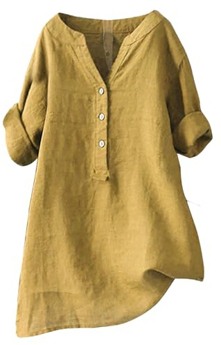 HOOUDO Smile Account Login My Account Summer Linen Tops for Women UK Long Sleeve V Neck Blouses Shirts Loose Casual Tunic Top Tee Ladies Button Down T-Shirt Pullover Plus Size A Yellow