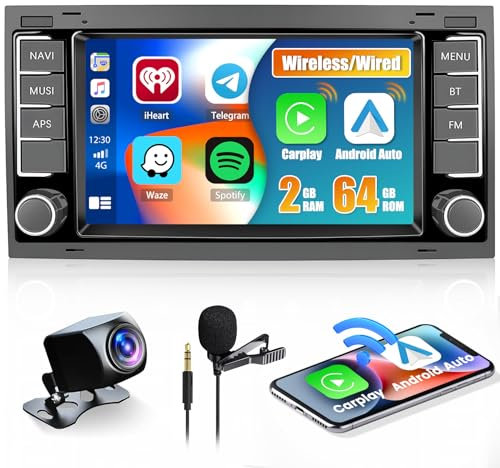 2+64GB Android Radio de Coche para VW Touareg 2004-2011 Transporter T5 Multivan 2004-2009 Wireless Carplay Android Auto con Pantalla Táctil 7 Pulgadas Bluetooth GPS FM RDS Cámara Trasera
