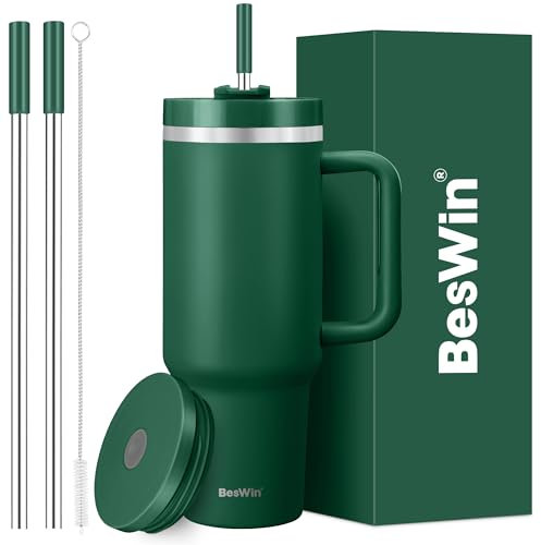 40 oz Tumbler with Handle and Straw, 2 Lids (2 in 1 & Leakproof Lid) - Vacuum Insulated Stainless Steel Double Wall Water Bottle Travel Coffee Mug - Holiday Gifts for Women Men - Dark Green