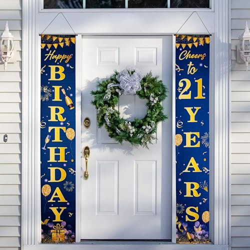 Happy 21st Birthday Door Banner Blue Gold 21st Birthday Party Decorations, 21st Birthday Door Decorations Porch Hanging Banner for Boy Him 21 Year Old Indoor Outdoor Garden Blue Gold