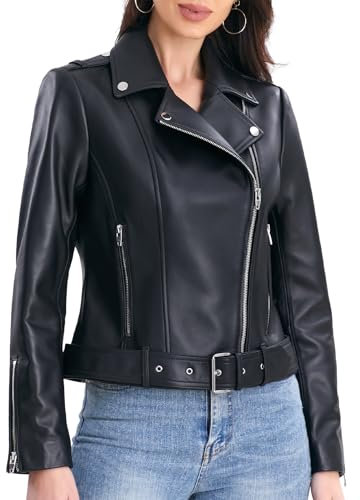 SILVER FASHIONS Lederjacke für Damen mit Gürtel, Echtleder, Motorradjacke für Damen, Schwarz, L