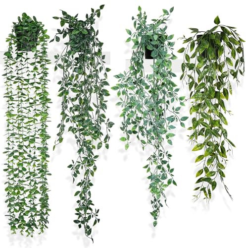 JIZZU 4 Plantas Artificiales Colgantes con Maceta, 80 cm de Largo Artificiales Decorativas, Plantas Artificiales Colgantes Decorativas Verdes, Hiedra Artificial Pared para Jardín Hogar Oficina