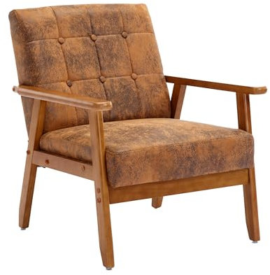 SUPPNEED Freizeitstuhl mit Armlehne und Füßen aus Massivholz, Mid-Century Modern Accent Chair, für Wohnzimmer Schlafzimmer Studio Chair (Coffee + Microsuede)