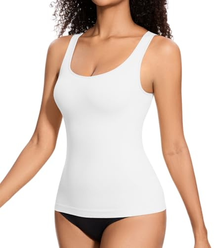 ONEW Compressions Tank Top for Women Tummy Control Shapewear Top Waist Trainer Cami Vest with Wide Straps,White,M