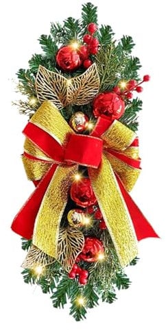 Corona de Navidad - Ramas de abeto artificial con lazo | Coronas de puerta de Navidad para jardín, ramas de abeto y conos, guirnalda, decoración de puerta | Decoraciones de puerta de Navidad