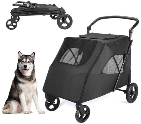 Hundewagen Große Hunde,doppelte Kapazität für Hunde, Buggy für Hunde Kinderwagen Hunde Faltbar Klappbar 4 Rädern Hundewagen (P04CX-Schwarz)