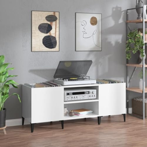 Prissent Meuble à Disques Blanc Brillant 121 x 38 x 48 cm en Bois Multicouche, Support TV CD Étagère Porte-Disques Vinyle, Multifonction pour Salon