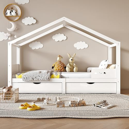 Moimhear Kinderbett, Hausbett 90 x 200 cm, Kleines Hausdesign, Kiefernholz Haus Bett for Kids (Weiß + 2 Schublade)