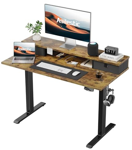 Agilestic Electric Adjustable Height Desk with 2 Drawers, 100 x 60 cm, Stable Sit-Stand Desk with Memory Control, Ergonomic Computer Desk, Brown