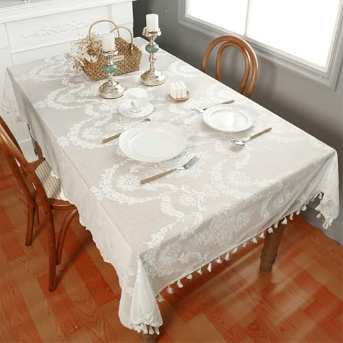 Daesar Tischdecken Abwaschbar 140x220CM, Tischtuch Französisch Spitze Stickerei mit Blumen Muster Tischdecken für Draußen Party Garten Weiß