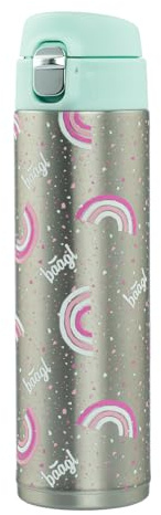 Baagl Botella de agua para niños y niñas, termo de acero inoxidable a prueba de fugas, con pajita de silicona y cierre con un solo clic, botella de agua sin BPA para escuela, 450 ml (arcoíris)