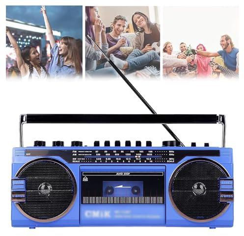 QIeAny 80s Retro CD Boombox with AM/FM Radio & Cassette Player - Portable Stereo Sound | Strong Signal Reception | USB/SD Playback & Recording | Headphone Jack | for Home,Parties,Travel,Blue