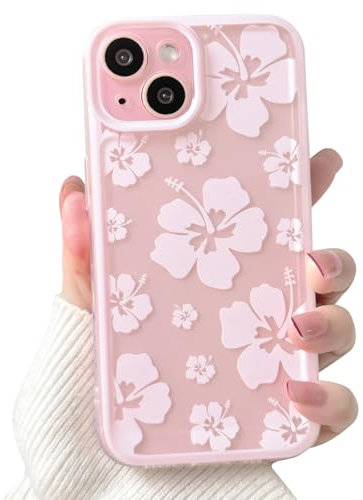NITITOP Compatible with iPhone 15 Case Cute Clear Hibiscus Flower Floral Design with Pink Frame for Women Girls Transparent Slim Soft TPU Full Camera Shockproof Protective Cover - Pink