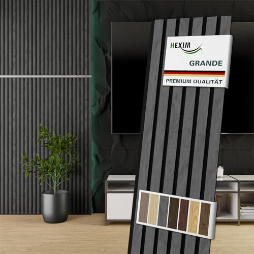 HEXIM Akustikpaneele 2 Stück 140x30cm Holz Grande - Wandpaneele Platten Lamellen Holzpaneele Echtholzfurnier 21mm Filz Schalldämmung MDF Grau (0,84m² Grey Ash)