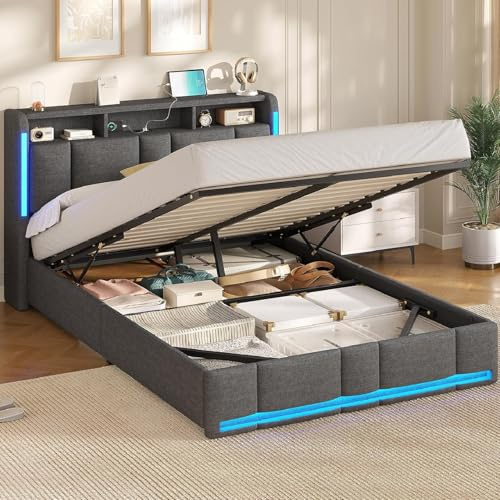 AOGLLATI Lit Coffre 140x190 CM, Lit Double avec LED et Ports USB, Cadre de lit avec Tête de Lit capitonné et Rangement, Lattes en Bois, Lin Gris Foncé(sans Matelas)