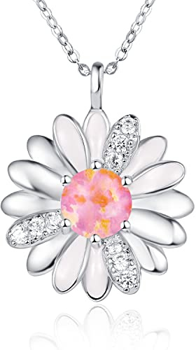 TANGPOET Daisy Halskette 925 Sterling Silber Gänseblümchen Kette Daisy Blume Anhänger Geburtstag Schmuck Geschenke für Damen Frauen Mädchen(Rosa Opal)