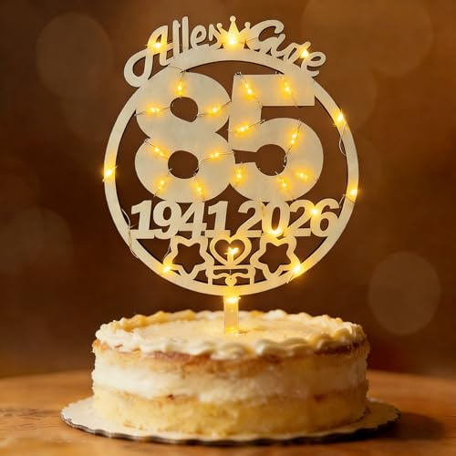 Tortendeko 85 Geburtstag Frau Mann 1941-2026, Seutgjie Deko 85. Geburtstag Jubiläum Cake Topper Holz mit LED Lichterkette Tortenaufleger Blumenstecker
