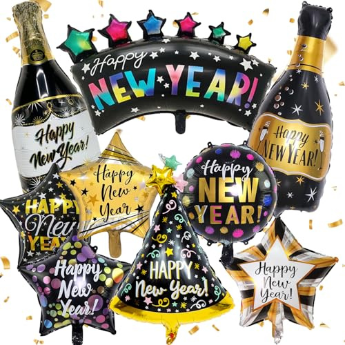 Luftballons Silvester Deko Party Set, 9PCS Schwarz Gold Silvesterparty Deko, Ballons Happy New Year, Champagner Stern Folienballons Schwarz Gold für Silvesterparty Silvesterdekoration Fotorequisite