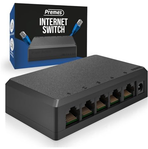 Innovaland Schwarzer 5-Port Gigabit Ethernet Switch – 1000 Mbps Internet LAN Splitter – Plug & Play RJ45 UTP Netzwerkswitch – Hochgeschwindigkeits Ethernet Splitter für PC, Laptop, Router und Smart TV