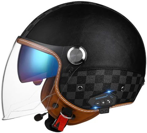 Casco Da Moto Jet Retrò Con Bluetooth, Casco Da Moto Vintage In Pelle 3/4 Con Doppia Visiera, Casco Da Ciclomotore Per Adulti, Certificato ECE, Caschi Per Uomo E Donna B3,XXL=62-63CM