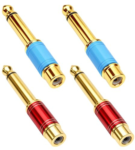 CanQuanSWZX 4 Stück Cinch Klinke Adapter, 6,35 mm Audio Adapter 6,35mm Stecker auf Cinch Buchse, Adapter für E-Gitarre, Verstärker, Subwoofer und mehr, 2X Rot, 2X Cyan, 24K Vergoldung