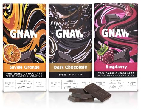 GNAW Decadent 70% Dark Chocolate Gift Box Set – 3 x 80g Luxury Dark Chocolate Bar Multipack – Classic 70%, Seville Orange & Raspberry – Letterbox-Friendly Gift Box, Palm Oil Free
