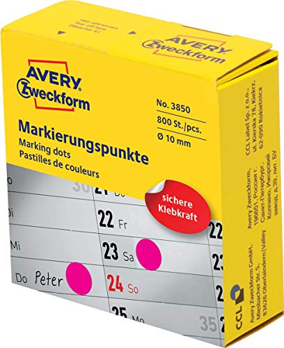 AVERY Zweckform 3850 selbstklebende Markierungspunkte 800 Stück (Ø10mm, Klebepunkte auf Rolle im Spender, Punktaufkleber zur Farbcodierung, runde Aufkleber für Kalender, Planer und zum Basteln) pink