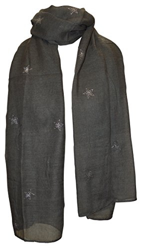 thb Richter XXL Damen Herren Schal Sterne mit Glitzer Glitzerstern Weich Soft Schals Tücher Halstuch Stern Star Baumwolle Stars Tuch Lang (Dunkelgrau)