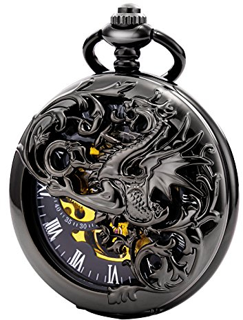 TREEWETO Unisex Taschenuhr mit Kette Analog Handaufzug Doppelscharnier Antik Drache Skelett Schwarz