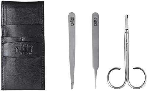 Rubis Männer Grooming Set - Lederetui mit Bartschere/Nasenschere, Spitze Pinzette, Augenbrauenpinzette - Kosmetikset - Hygiene Set für Männer zur Gesichtspflege