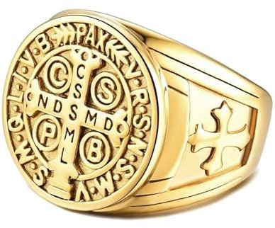 BOBIJOO Jewelry - Bague Chevalière Homme Croix Saint Benoît Protection Démon Acier Plaqué Or Brut - 56 (7 US)