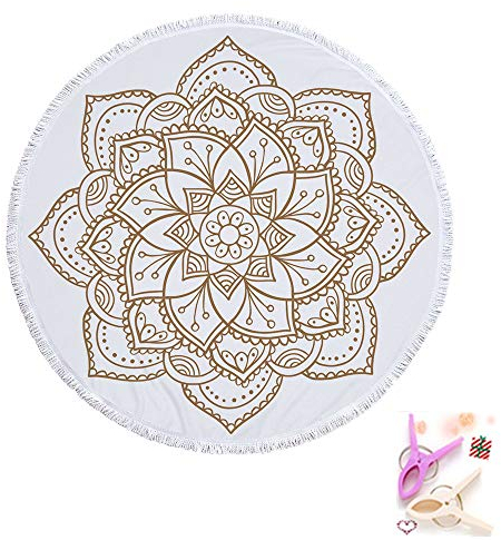 Morbuy Strandtuch Rund 150, Handwerk Quaste Mikrofaser Strand Yoga Matten Tragbare Tapestry Überwurf Tischdecke Picknickdecke Badetuch Schal Unisex 2 Clips (150cm,Mandala -E)