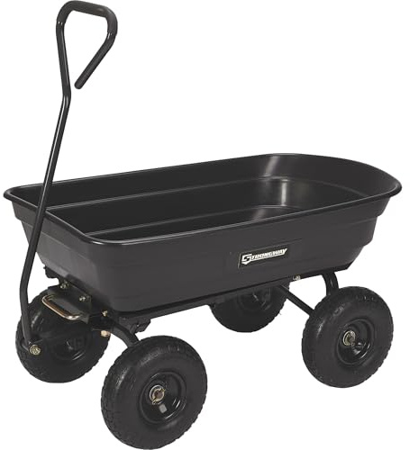 Strongway Poly Garden Dump Cart with Quick Release Mechanism, 600 Pound Capacity Yard Cart with 10 Inch Tires, Dipped Grip Handle, Pivot Steering