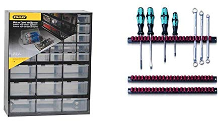 Stanley Aufbewahrungsbox (mit 39 Schubfächern, Maße 36.5 x 43.5 x 15.5 cm, geeignet für Wandmontage) 1-93-981 & Parat 802.000-981 Werkzeughalter/Klammer-Leisten-Set schwarz/rot
